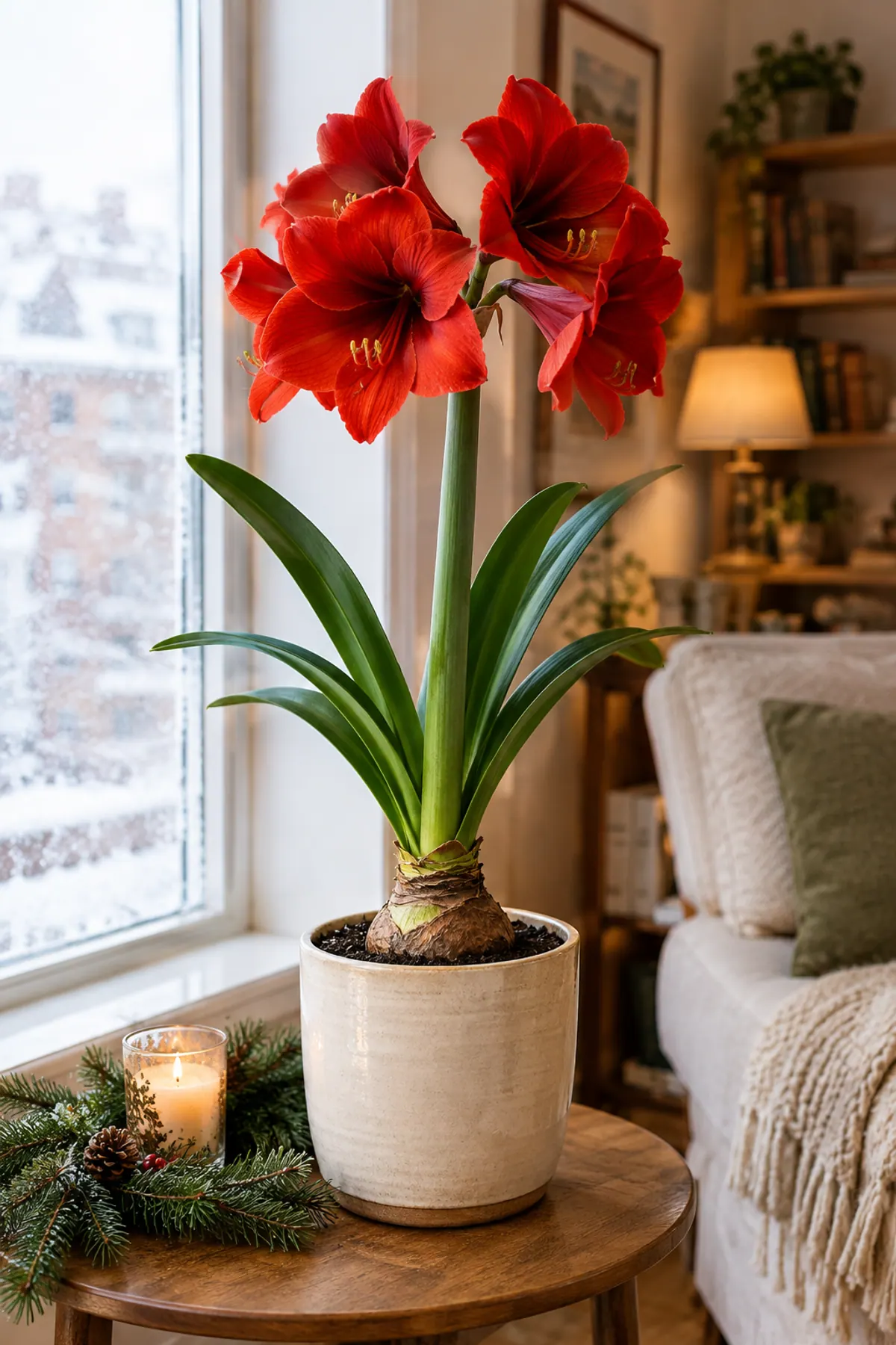 Amaryllis care result: a red amaryllis with four trumpet flowers on a tall stalk in a cream pot on a side table beside a snowy apartment window