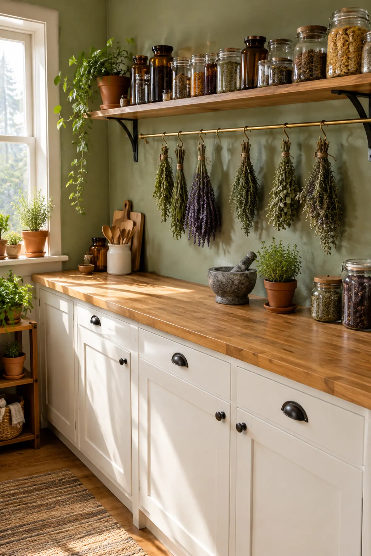 Apothecary aesthetic kitchen with a sage green wall, a wood shelf of glass herb jars and a brass rail of hanging dried herb bundles above a butcher block counter