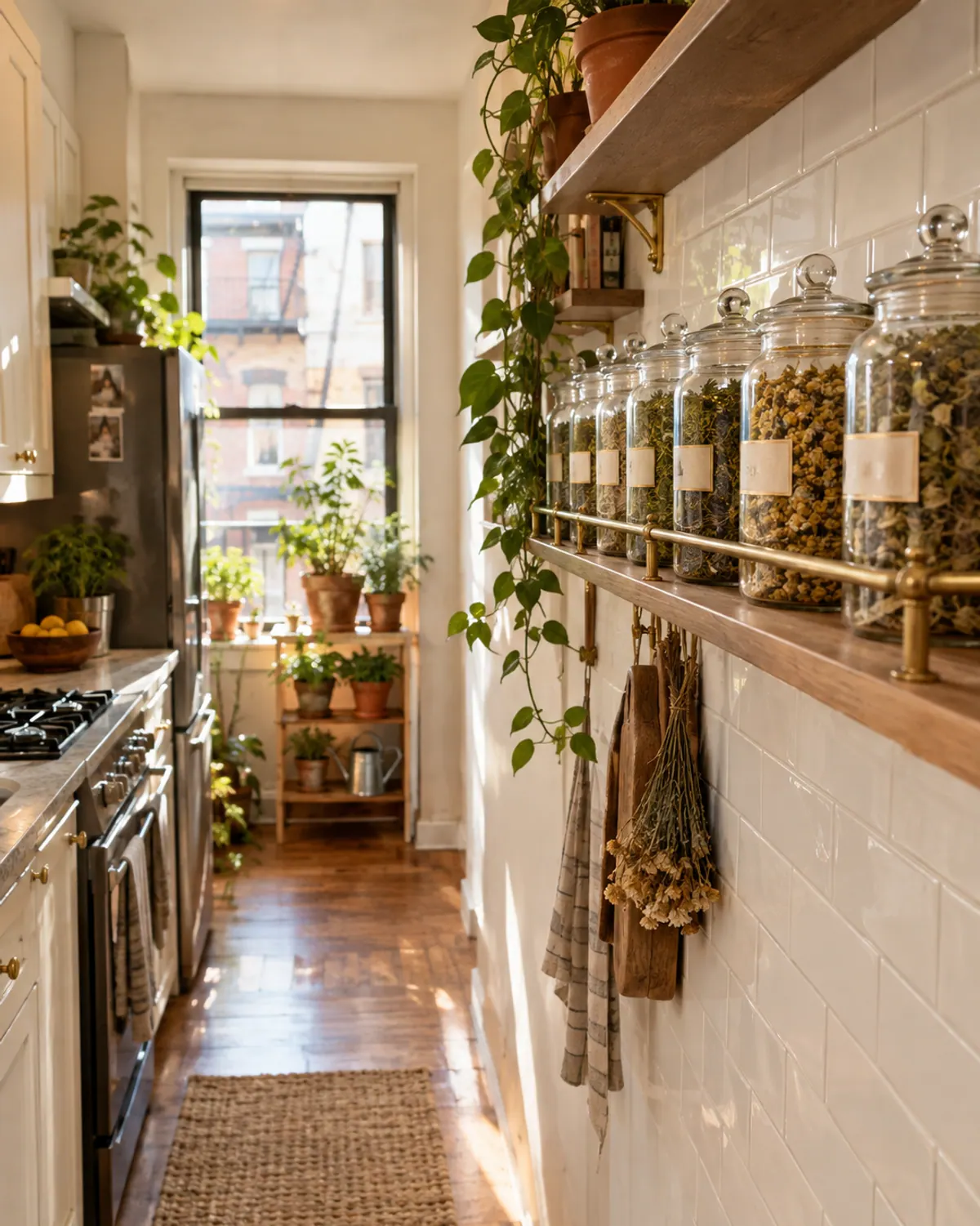 A narrow galley kitchen with a wood shelf and brass rail holding tall clear glass jars of dried herbs and loose tea, with herb bundles hanging below