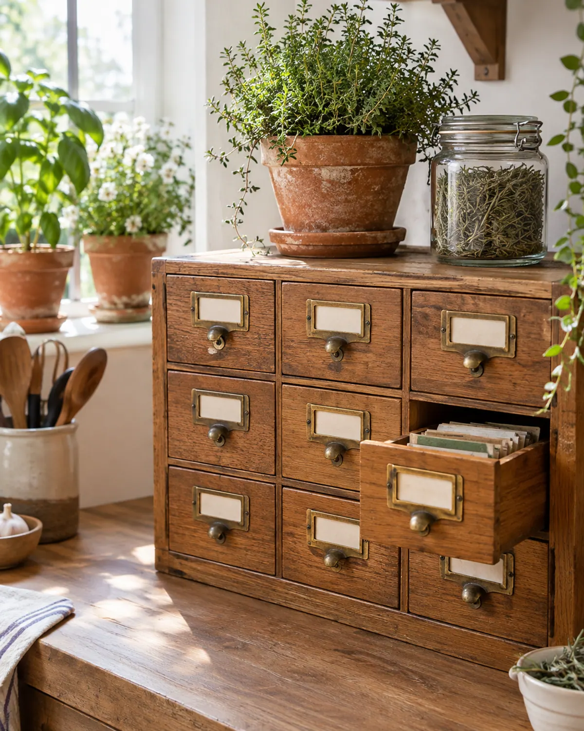 A wooden card catalog style cabinet with brass label holder pulls on a sunny counter, one drawer open with seed packets, with a potted thyme and a jar of dried herbs on top
