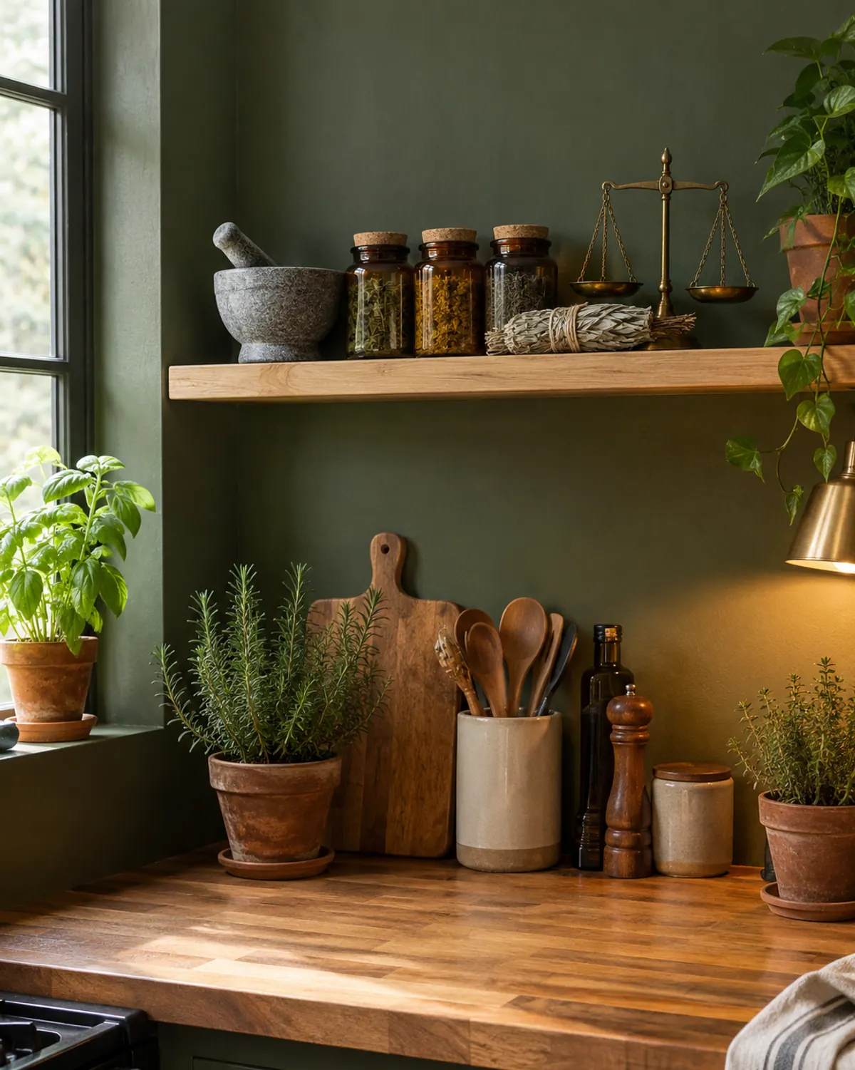 A floating wood shelf on a dark green kitchen wall with amber jars, a stone mortar and pestle and a small brass scale, above a butcher block counter with potted herbs