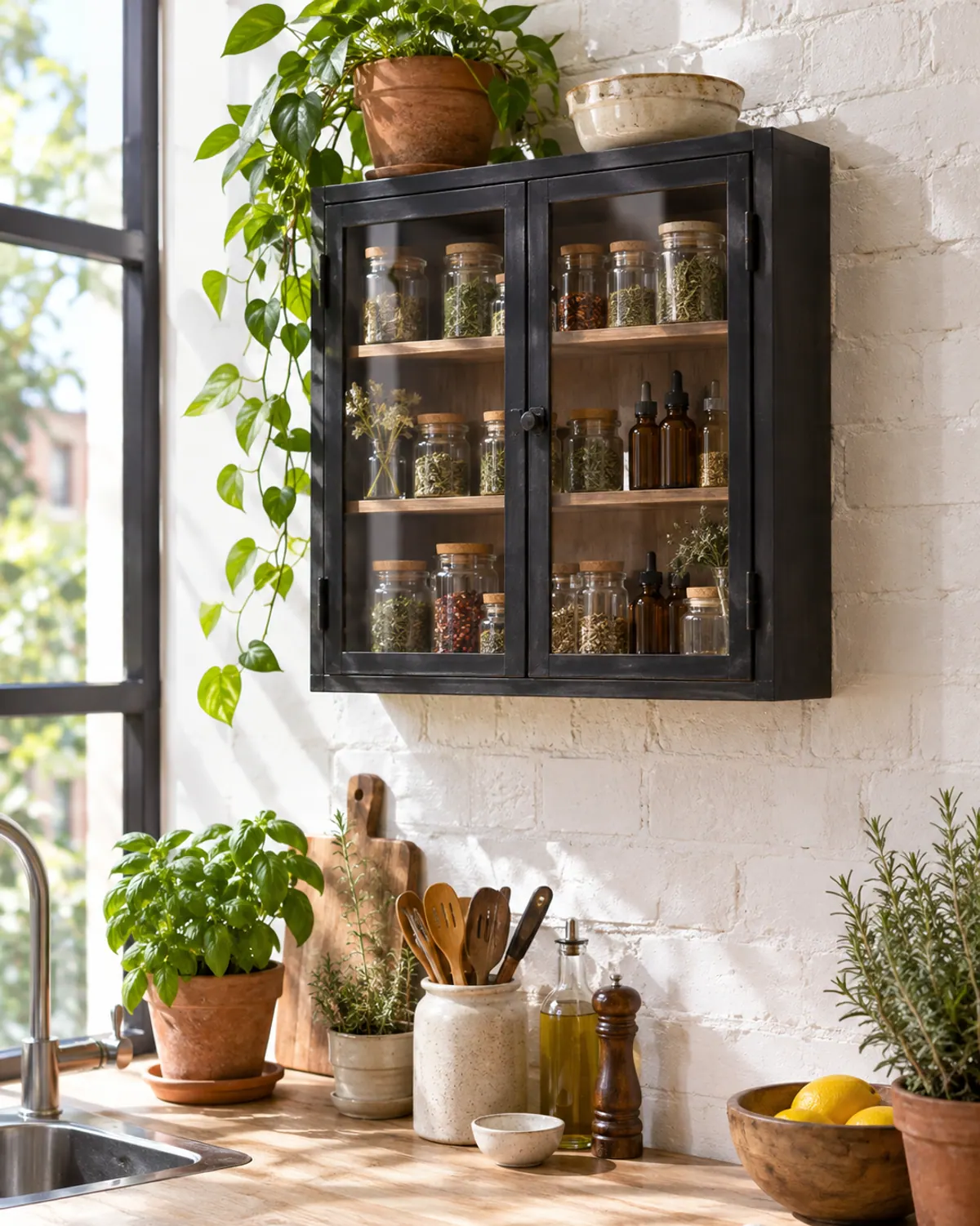 A small black metal wall cabinet with glass doors holding jars of dried herbs and amber bottles on a white brick kitchen wall, with potted basil below