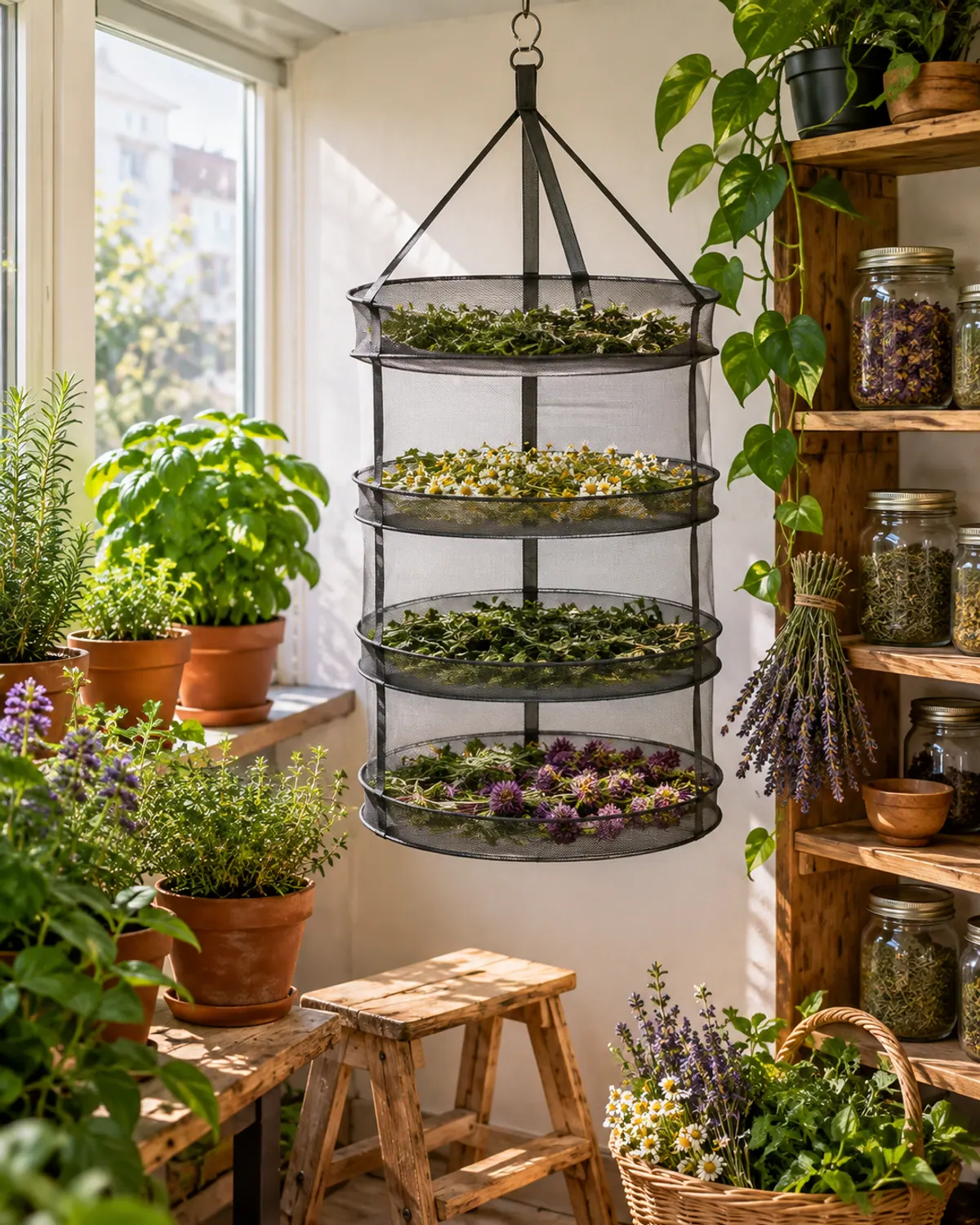 A four-tier round hanging mesh herb drying rack with drying herbs and flowers in a sunny corner of a small kitchen with potted herbs and jar shelves
