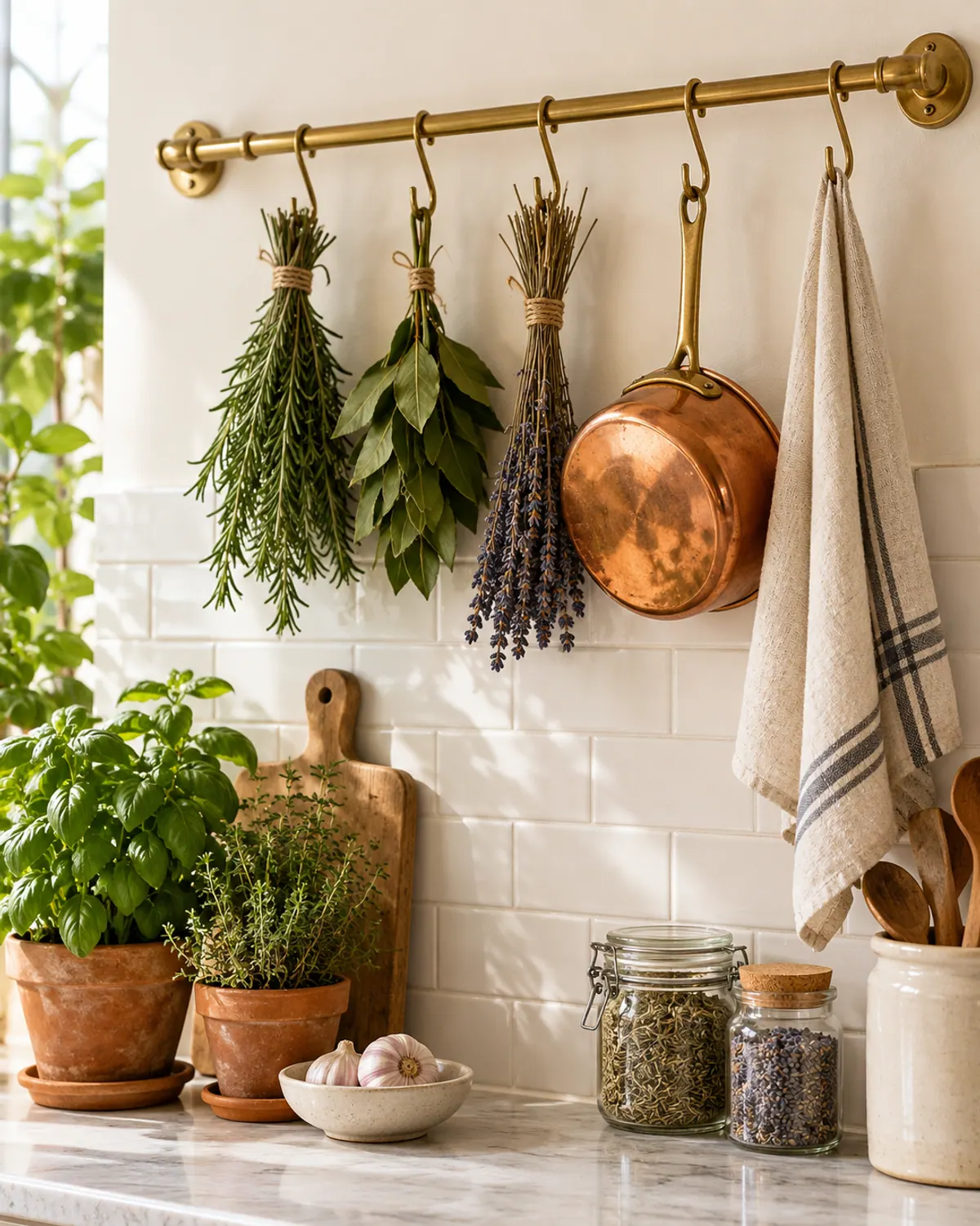 Herb bundles of rosemary, bay and lavender hanging from brass S-hooks on a brass rail beside a copper pan and a linen towel over a white tile backsplash