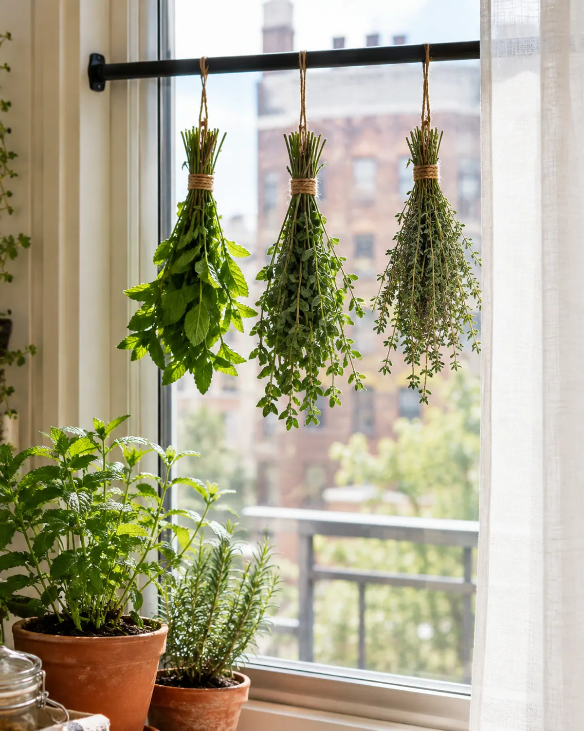 Three bundles of fresh herbs hanging from a black curtain rod across an apartment kitchen window, above potted mint and rosemary on the sill
