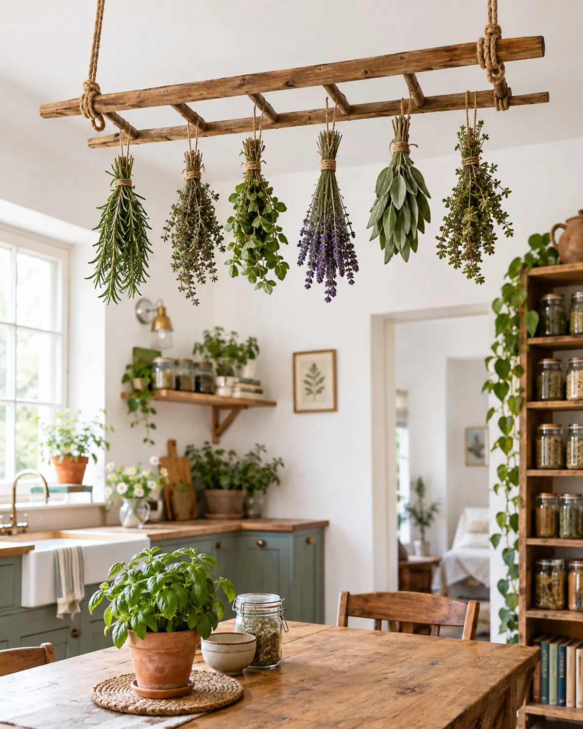 A wooden ladder hung horizontally from the kitchen ceiling with bundles of rosemary, sage, oregano and lavender drying from its rungs