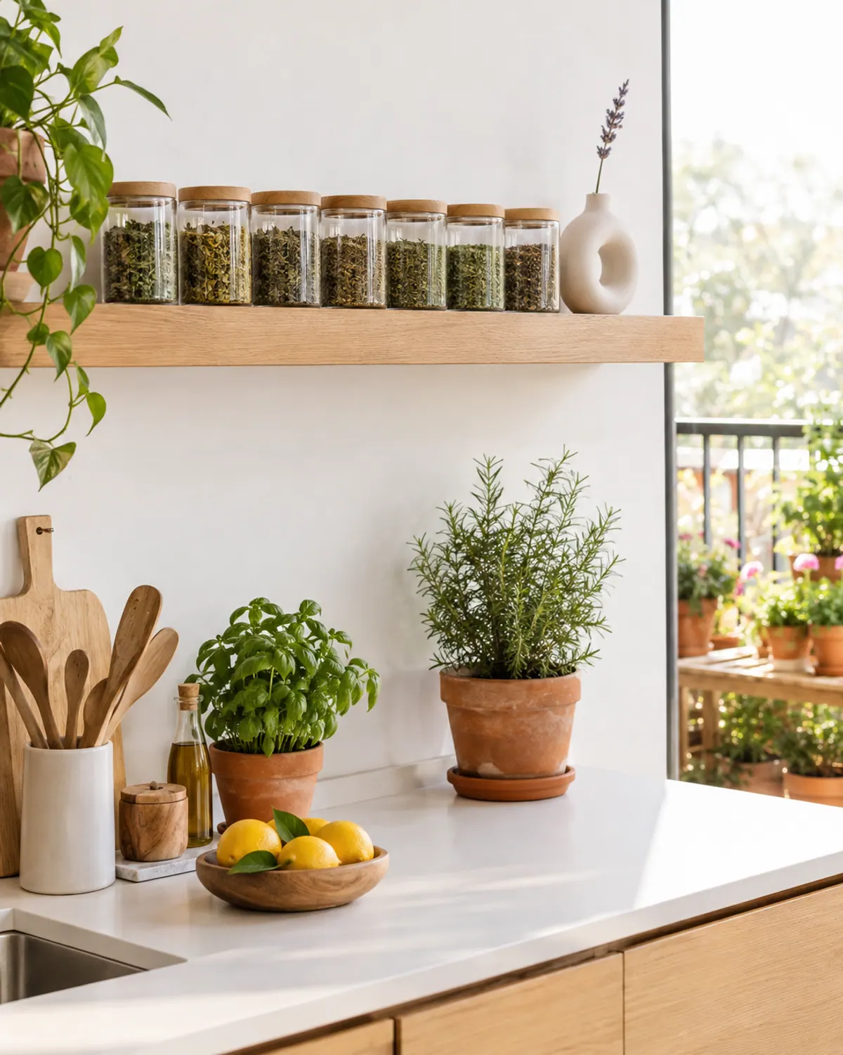 Modern apothecary kitchen with a light oak floating shelf of matching clear glass jars with wood lids, white counters, potted basil and rosemary and a bowl of lemons
