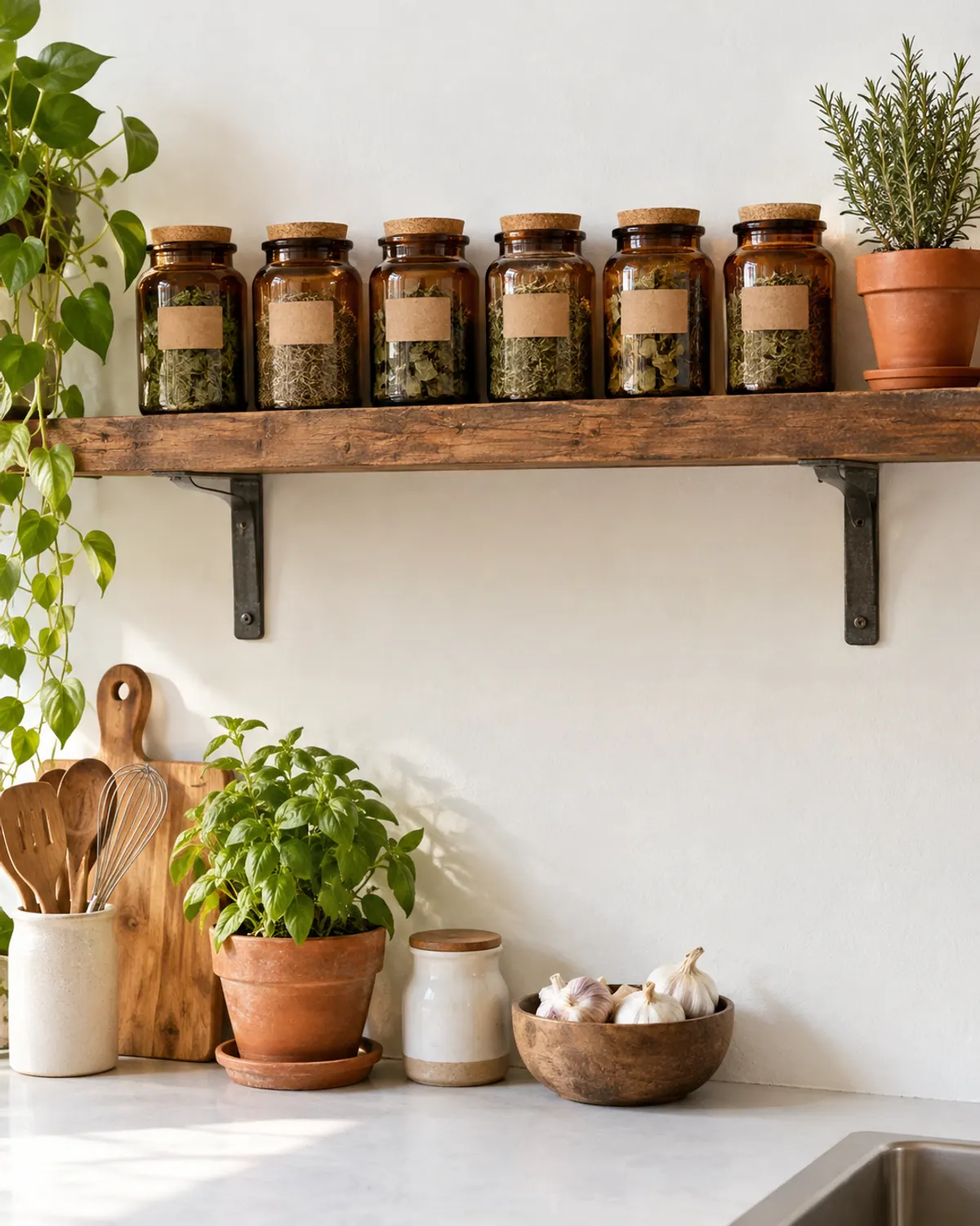 Apothecary aesthetic kitchen shelf: a rustic wood shelf on black brackets lined with amber glass jars of dried herbs, above a counter with a basil pot