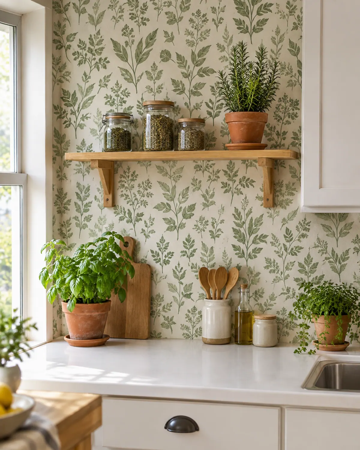 A small kitchen wall with green botanical peel-and-stick wallpaper behind a wood shelf of herb jars, above a white counter with potted basil