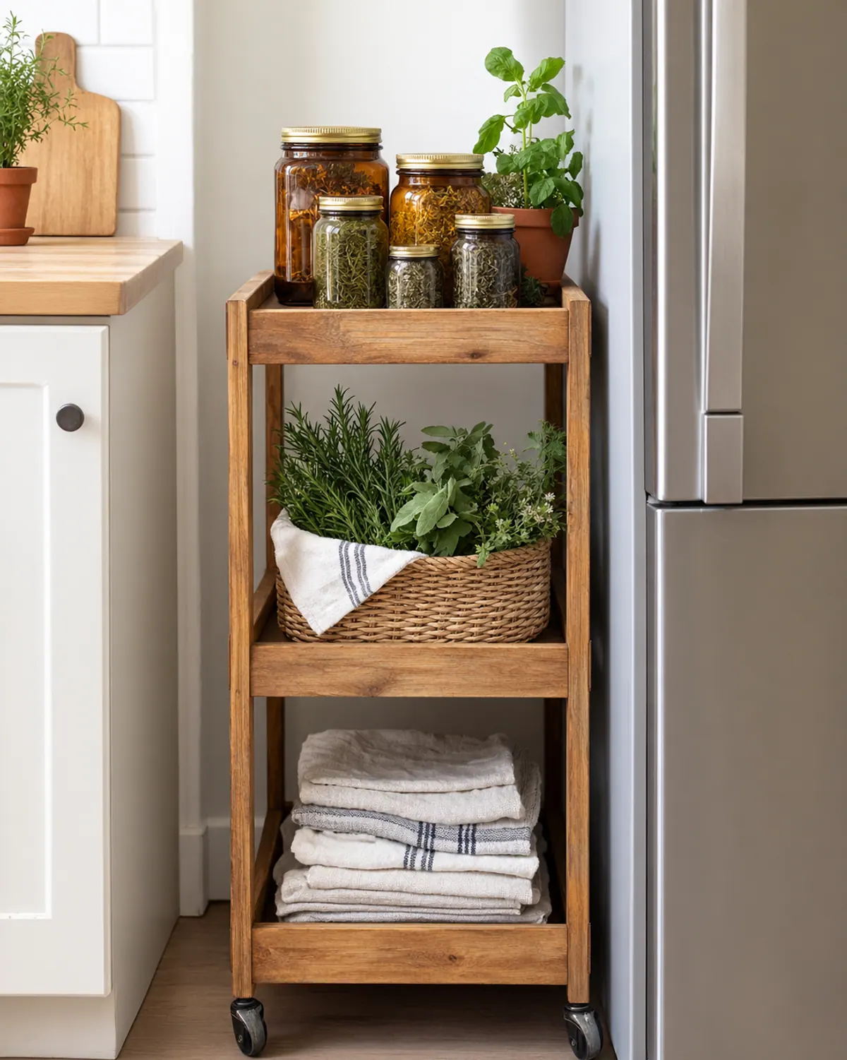 A narrow wooden rolling kitchen cart beside the fridge with amber jars of dried herbs on top, a basket of fresh herbs and folded linen towels