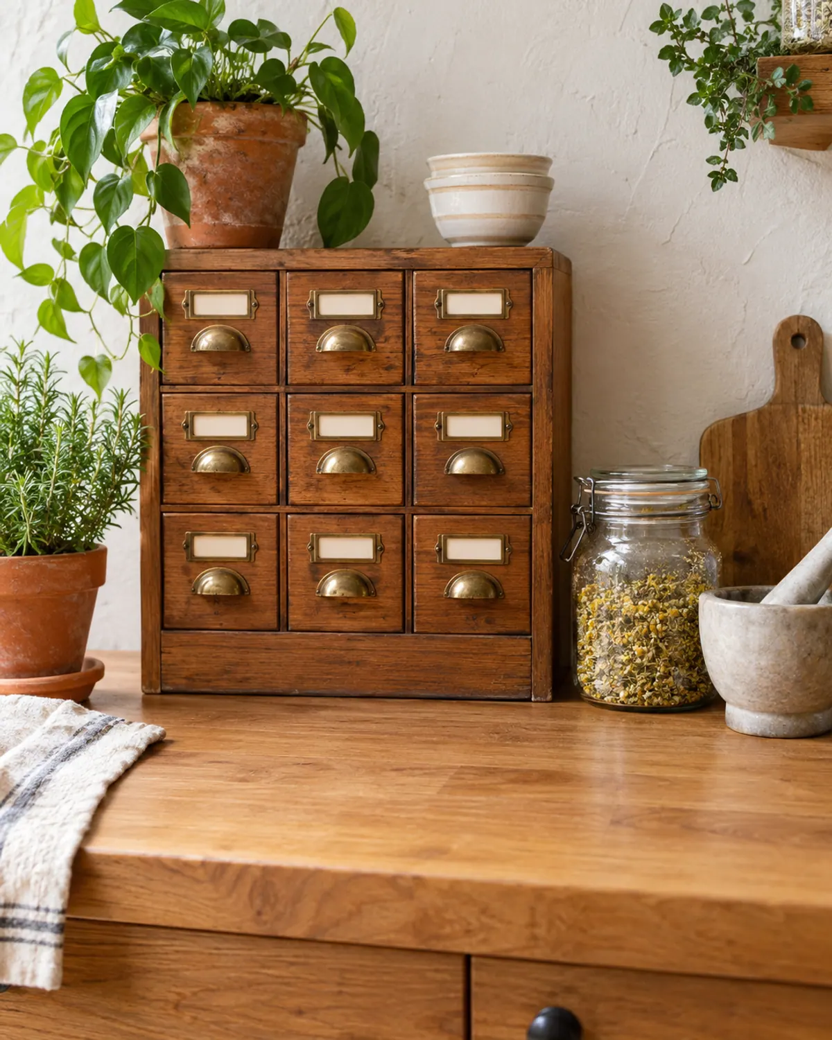 A small wooden apothecary cabinet with nine drawers and brass label pulls on a kitchen counter beside potted rosemary and a jar of dried chamomile