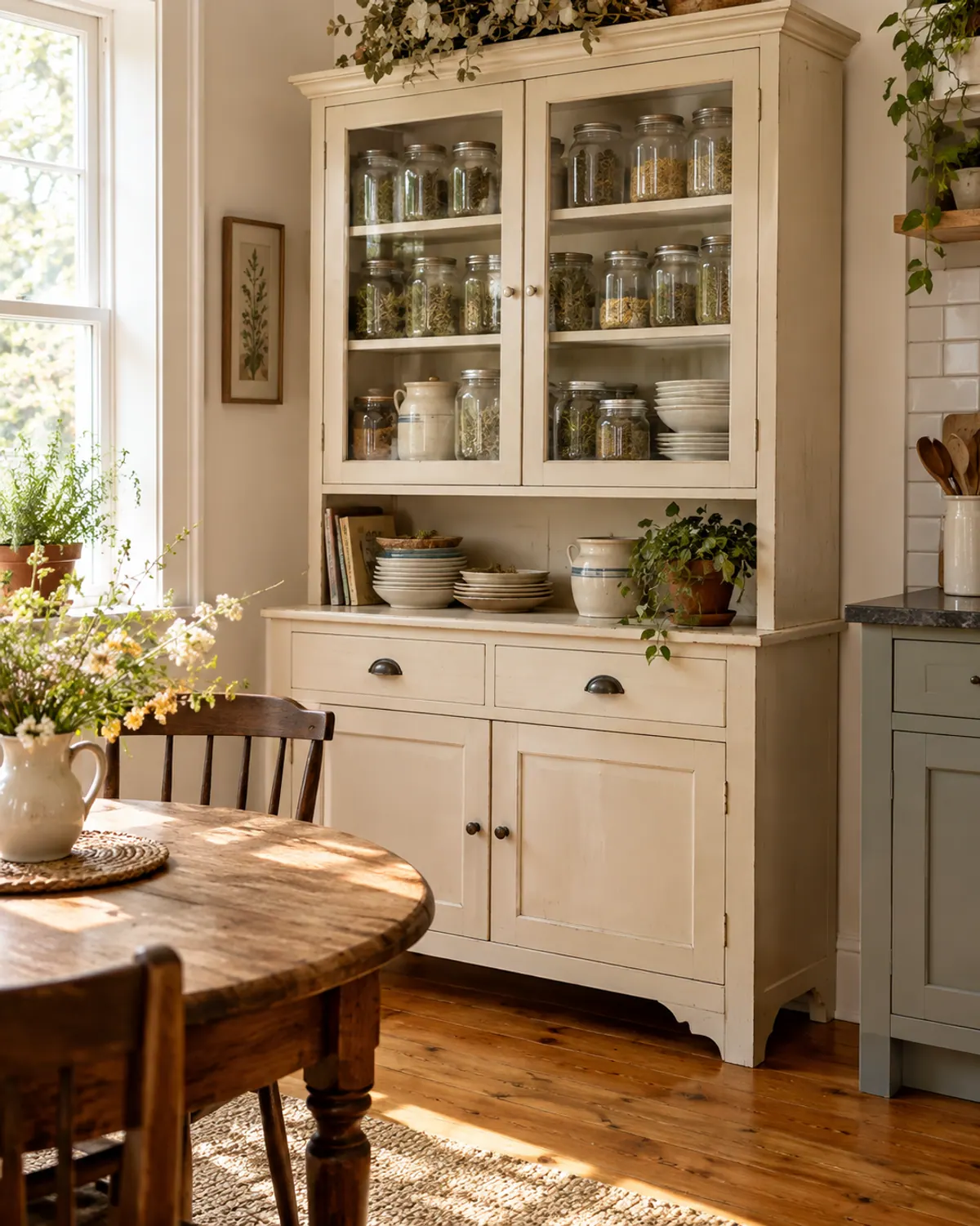 A cream painted vintage hutch with glass doors displaying rows of glass jars and dishes in a sunny kitchen dining nook