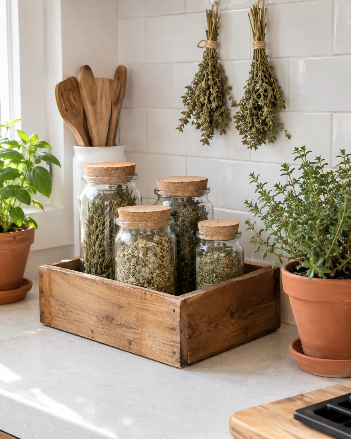 Mismatched thrifted glass jars of dried herbs with cork lids in a rustic wood crate on a white counter, with herb bundles hanging on the wall behind