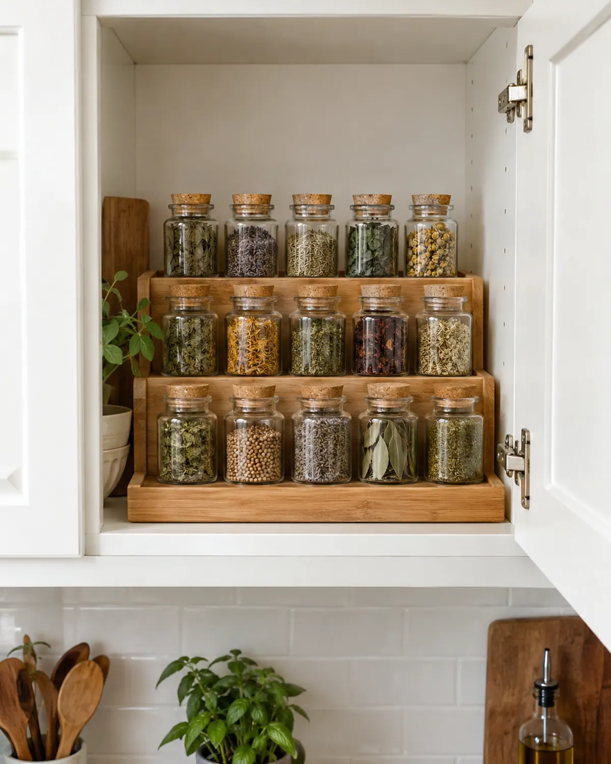 An open white kitchen cabinet with a three-tier bamboo riser holding rows of small cork-topped glass jars of dried herbs and spices
