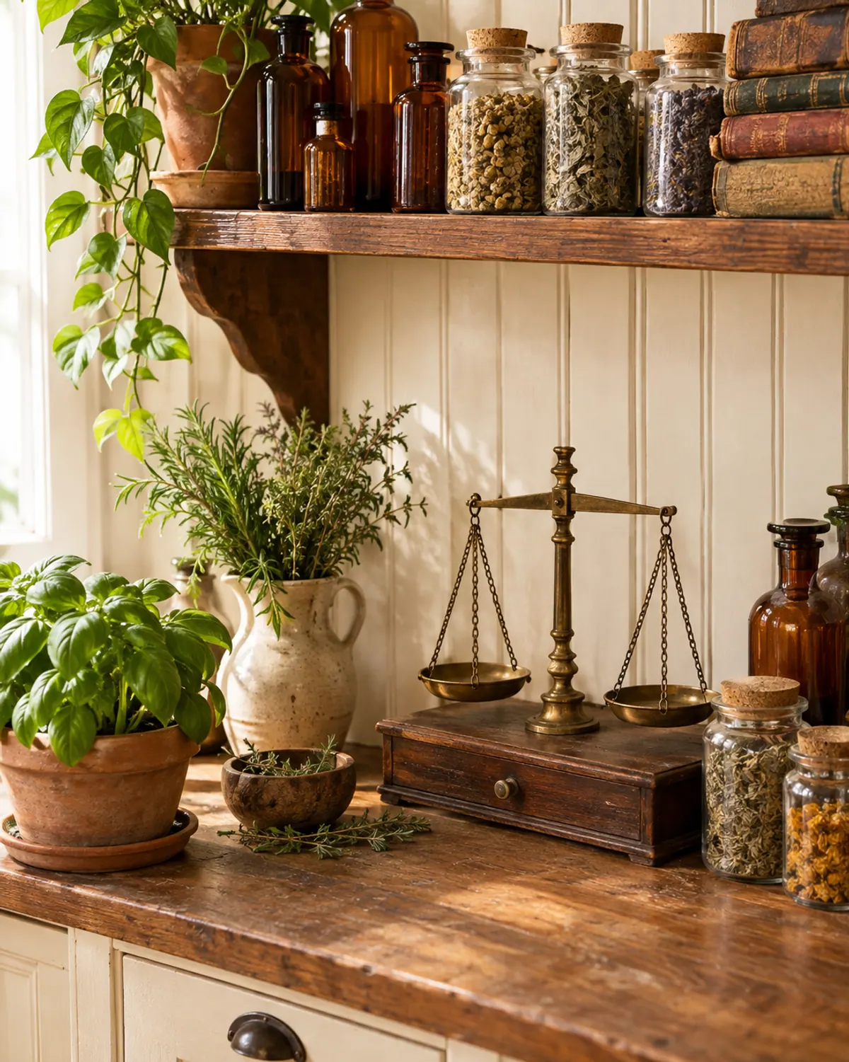 Vintage apothecary aesthetic kitchen corner with amber bottles, cork-topped jars, old books and a brass balance scale on a worn wood counter with potted herbs