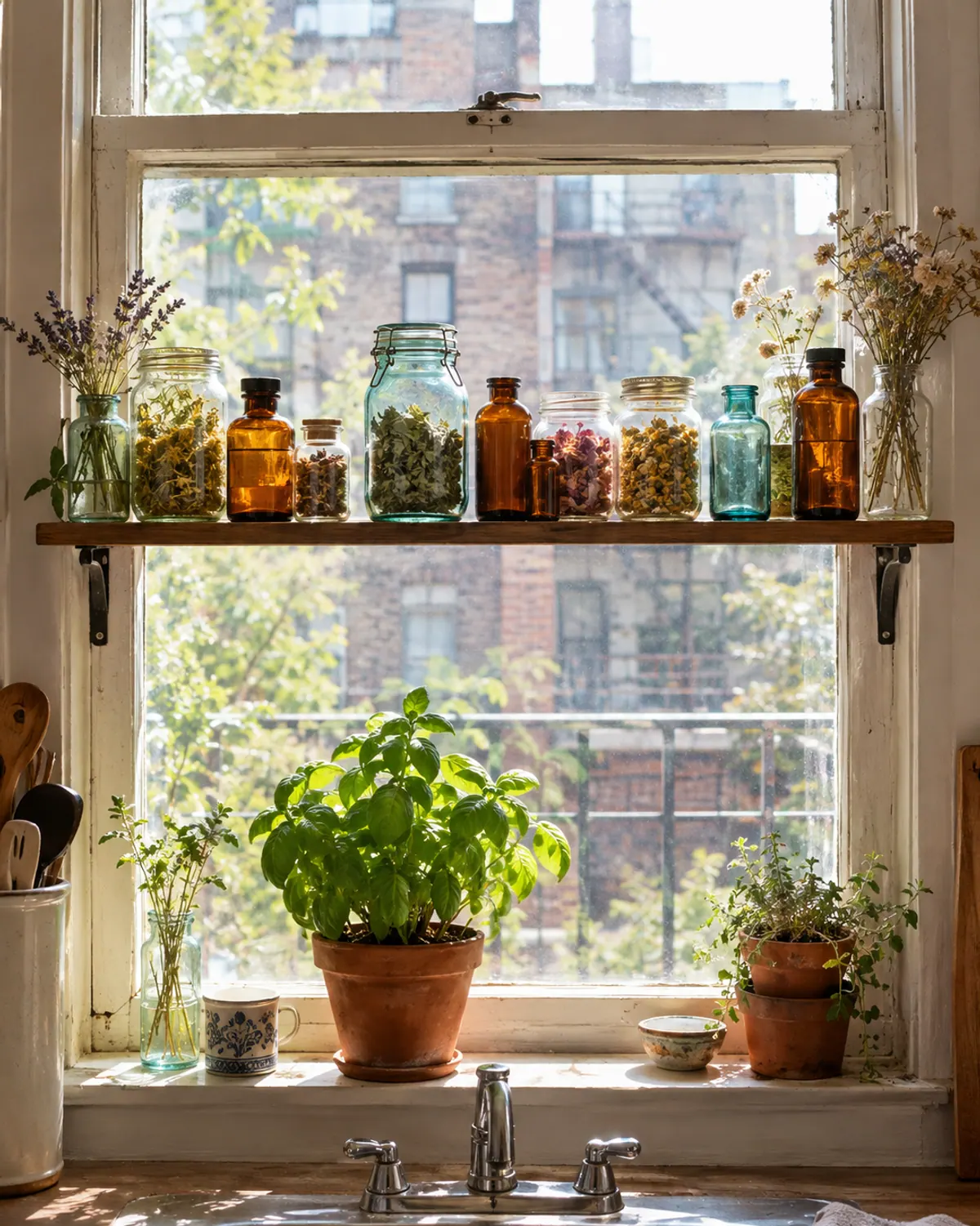 A wooden shelf across an apartment kitchen window holding mixed vintage glass and amber bottles of dried herbs and flowers, with a basil pot on the sill below