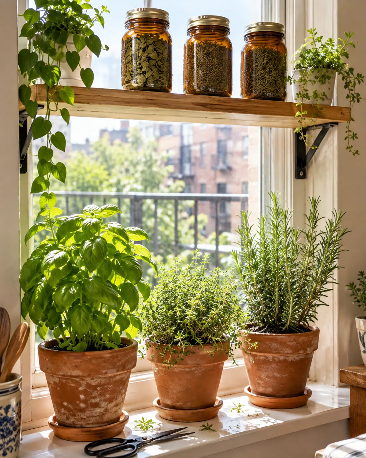A sunny apartment kitchen window with a shelf of jars of dried herbs above potted basil, thyme and rosemary on the sill
