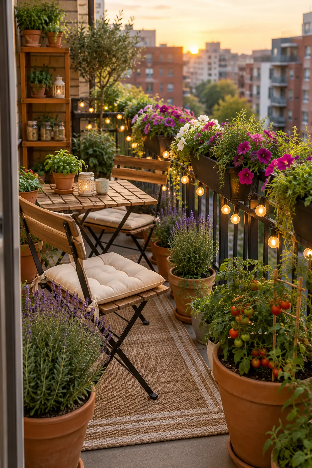 Balcony ideas apartment: a small balcony garden with railing planters of petunias, a folding bistro set, an outdoor rug, lavender and a potted tomato at sunset