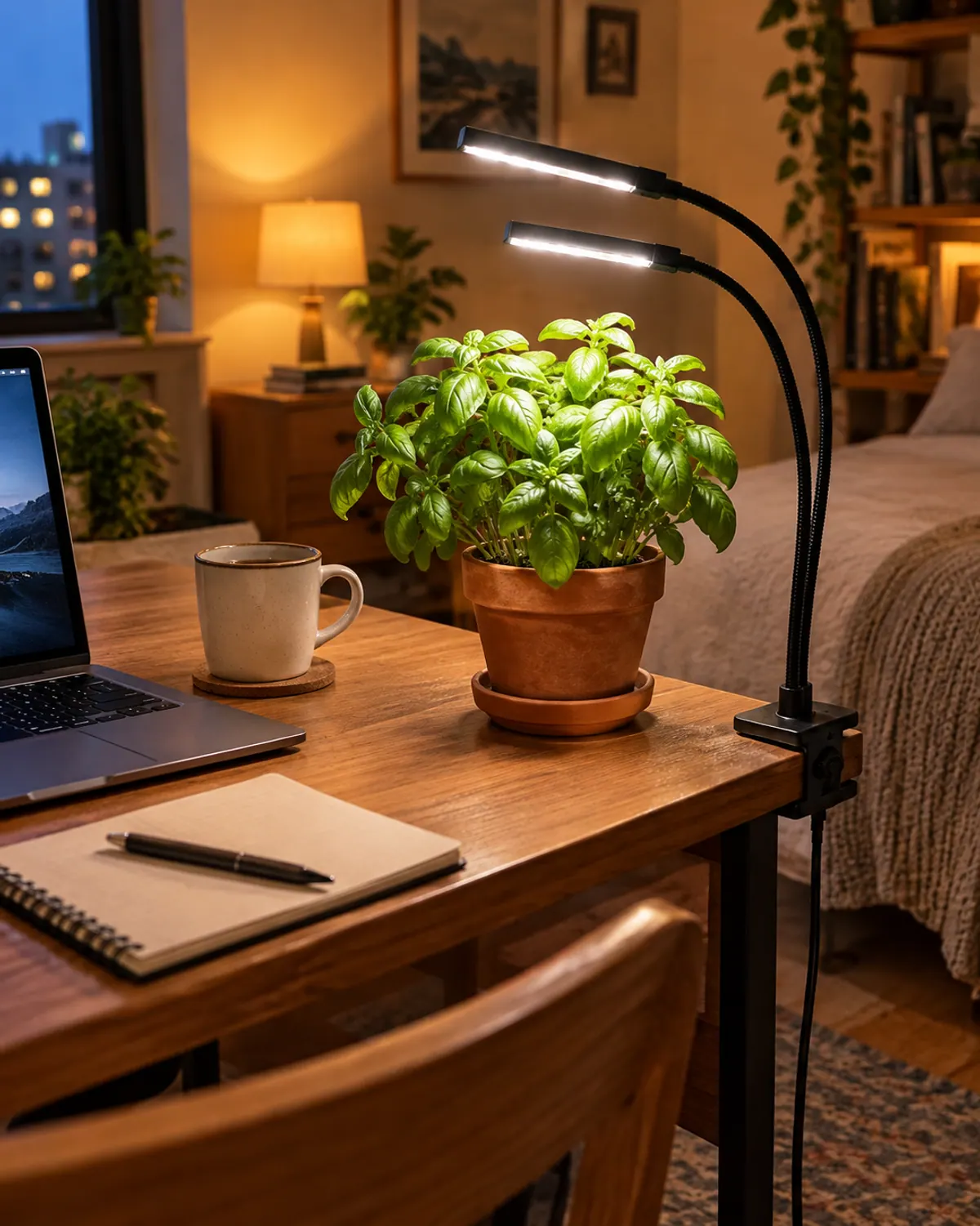Black gooseneck clip-on grow light clamped to a wooden desk in an apartment bedroom, glowing white over a basil plant in a terracotta pot next to a laptop