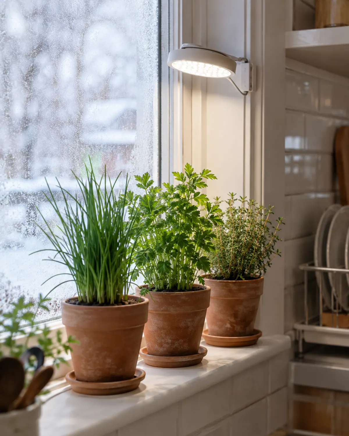 Small round clip-on grow light clamped to a frosty kitchen window frame over terracotta pots of chives, parsley and thyme on the sill