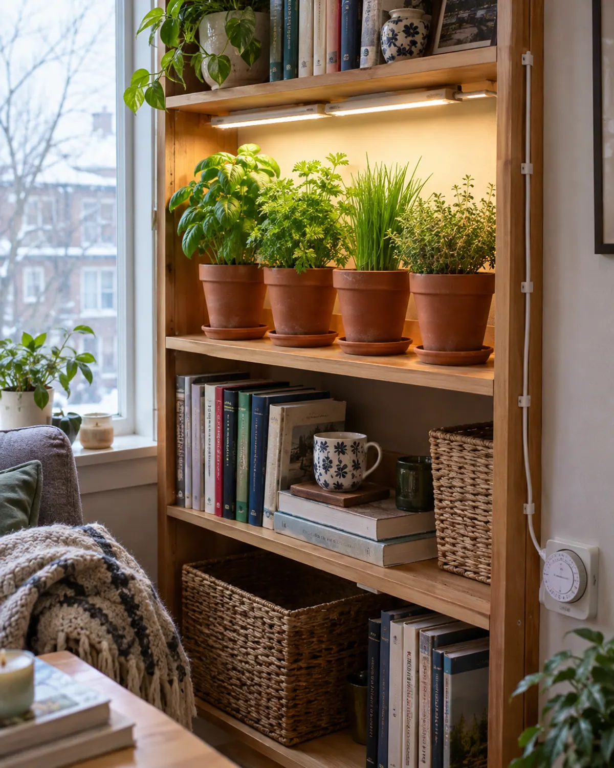 DIY grow light setup: LED strips under a bookshelf lighting basil, parsley, chives and thyme, cord clipped down to a plug-in timer