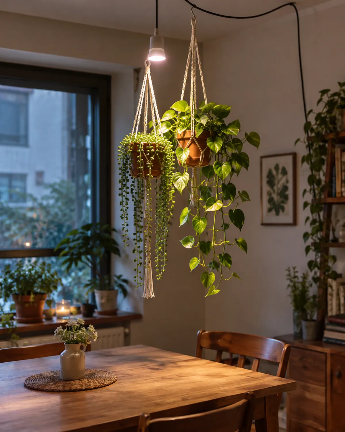 Plug-in pendant cord with a bare grow bulb hanging from a ceiling hook over macrame hangers of string of pearls and philodendron in an apartment dining nook