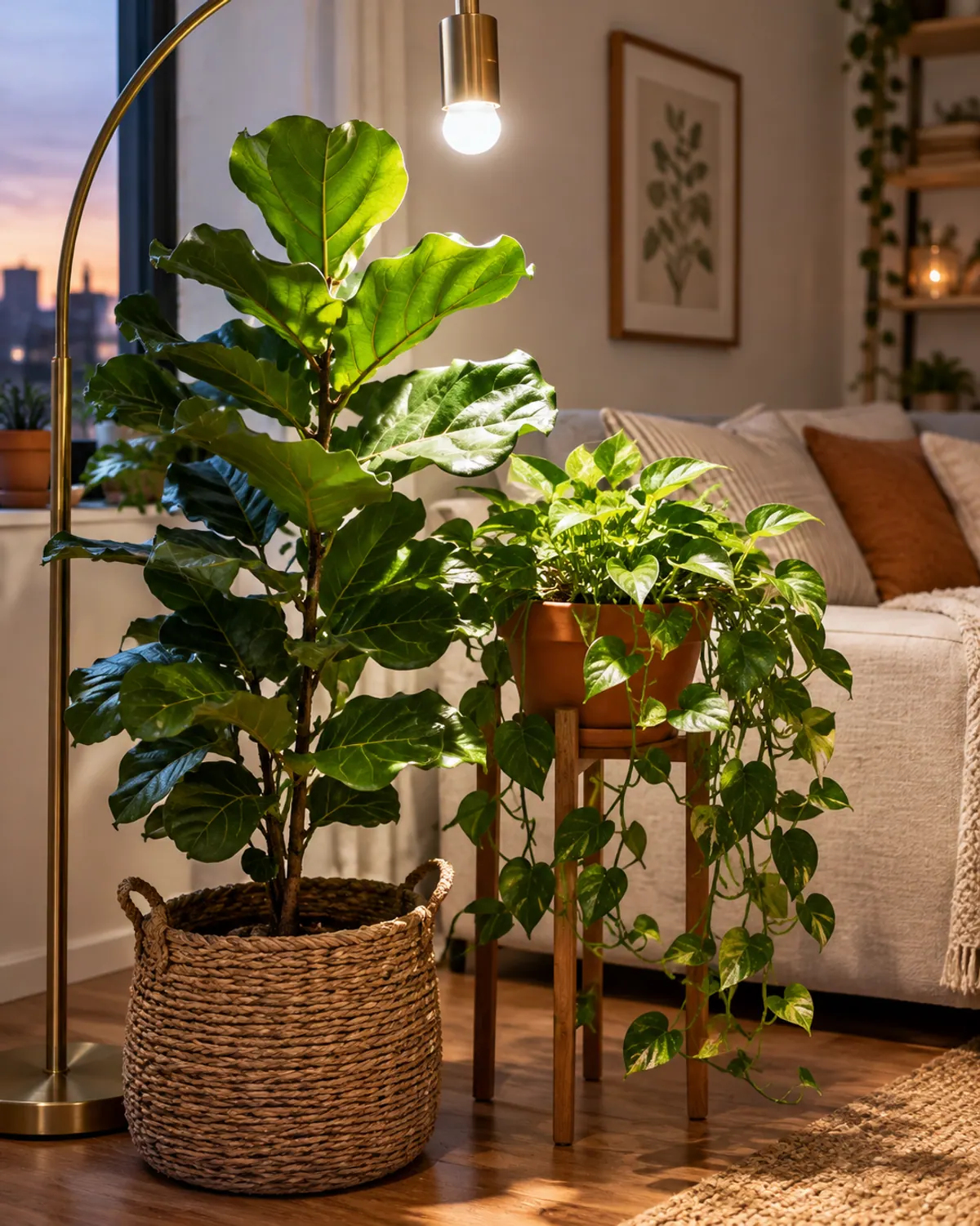 Brass arc floor lamp with an exposed full-spectrum grow bulb lighting a fiddle leaf fig in a woven basket and a pothos on a plant stand in a cozy living room