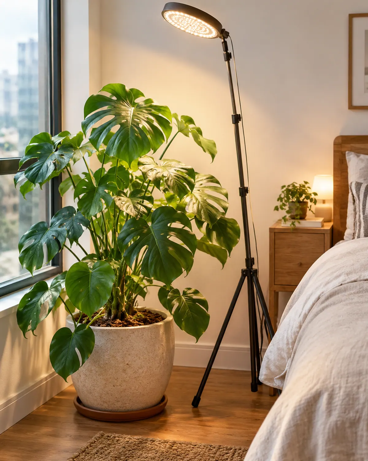 Tripod floor-stand grow light with a round LED head angled over a large monstera in a ceramic pot in an apartment bedroom corner