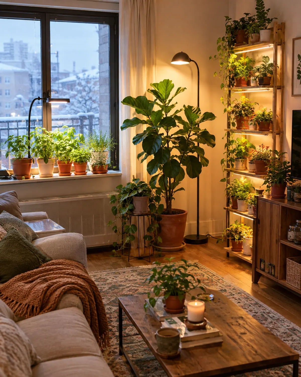 Small apartment living room with three grow light setups: a clip-on over windowsill herbs, a grow bulb floor lamp and a lit plant shelf