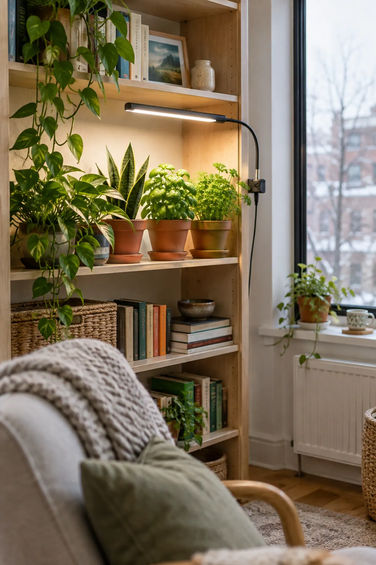 Grow lights for indoor plants in a small apartment: a black clip-on LED grow light clamped to a wooden bookshelf, glowing over pothos, a snake plant and pots of basil and parsley