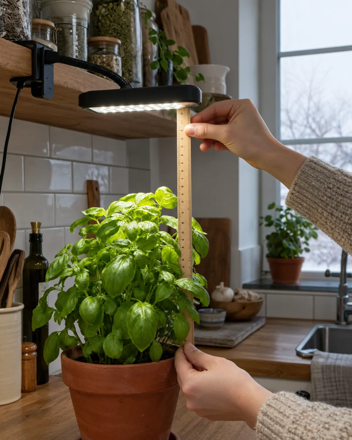 Hand holding a wooden ruler between a clip-on grow light and the top leaves of a basil plant on a kitchen counter to measure the distance