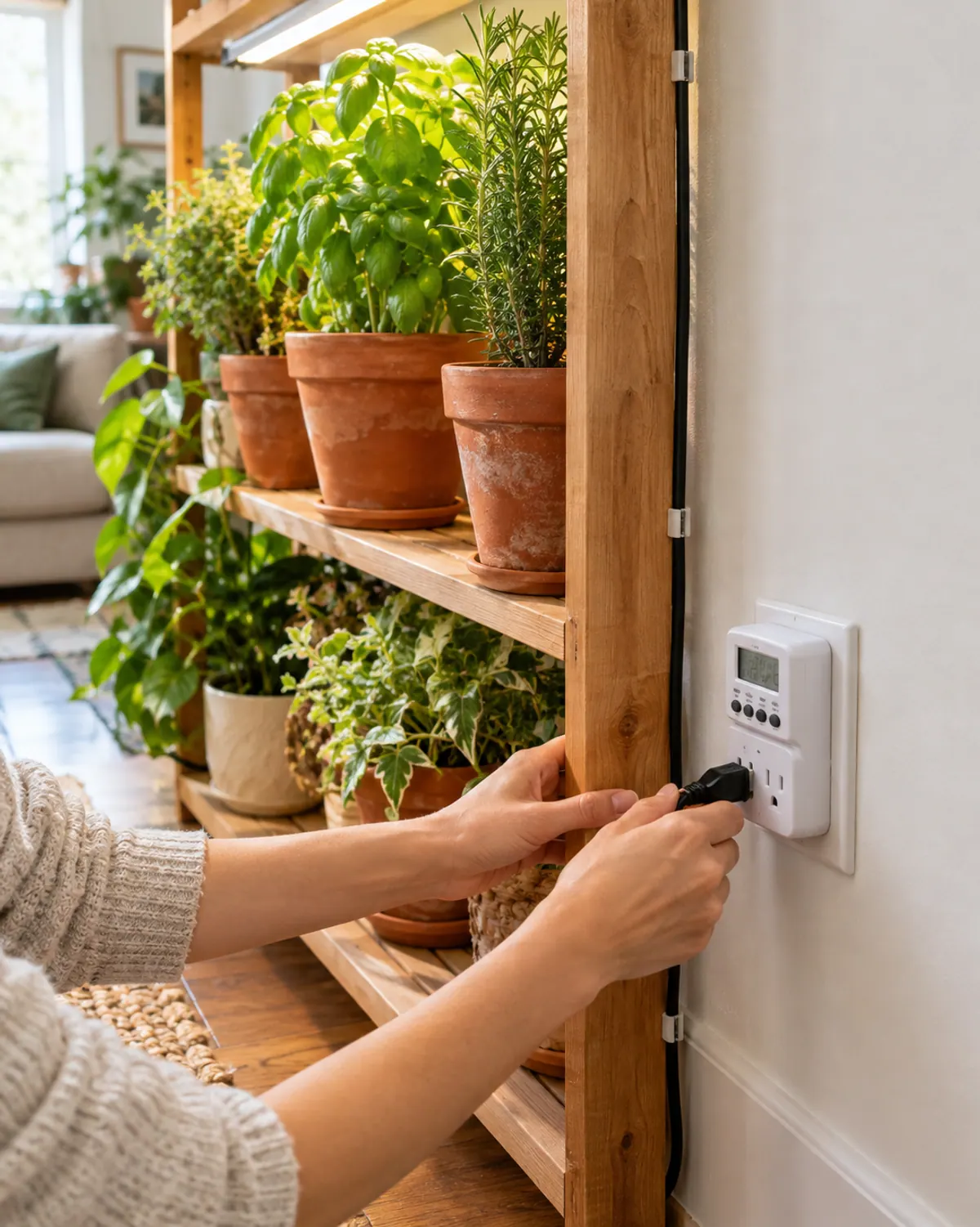 Hand plugging a grow light cord into a white plug-in outlet timer at a wall outlet behind a wooden plant shelf