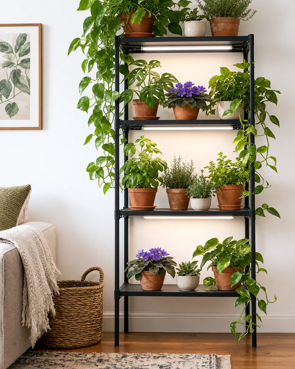 Four-tier black metal plant shelf with grow light strips under each tier, holding pothos, a small monstera, african violets and herbs in a living room corner