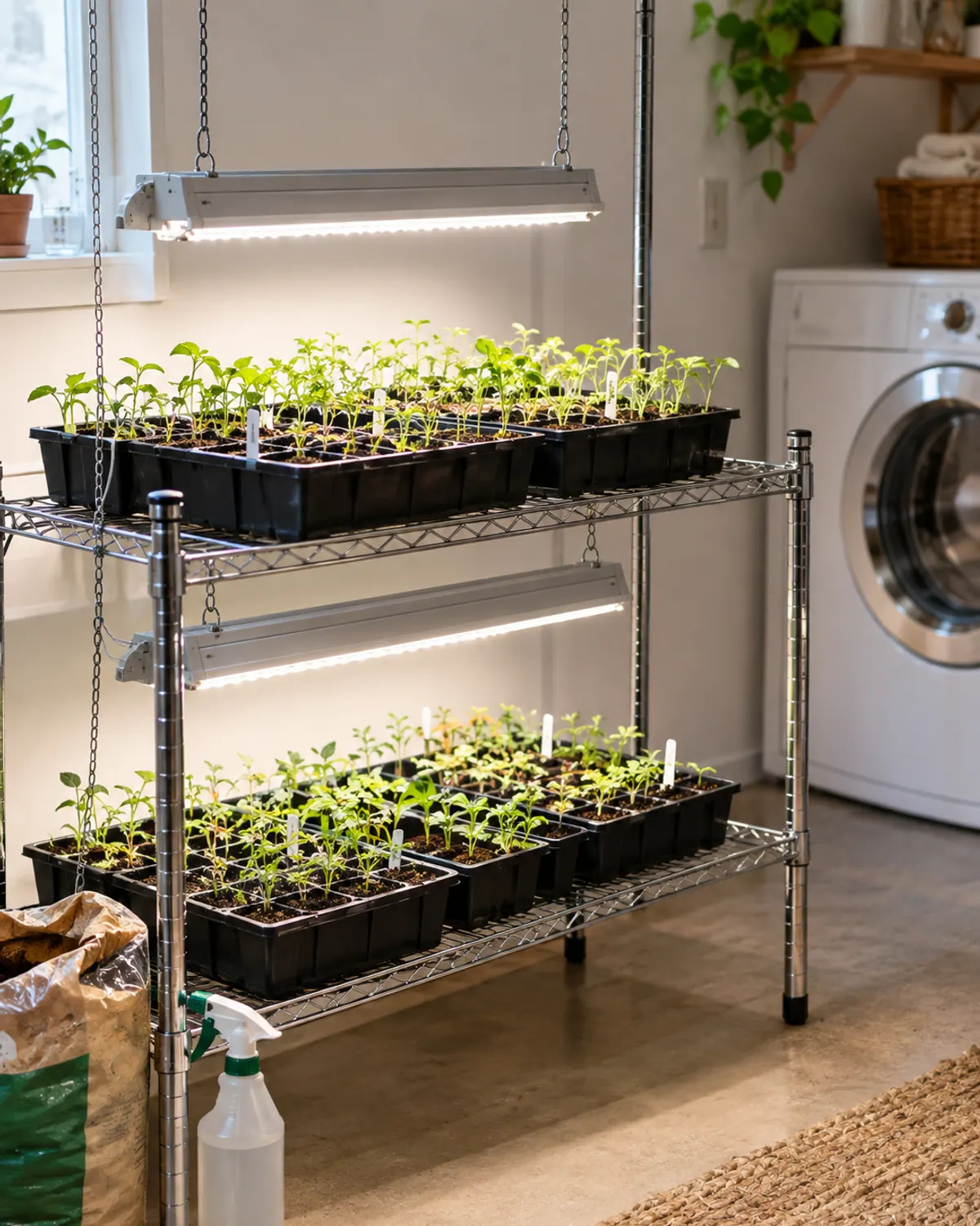 Two-tier wire seed starting rack with LED grow lights hanging on chains a few inches above trays of seedlings in a laundry room corner