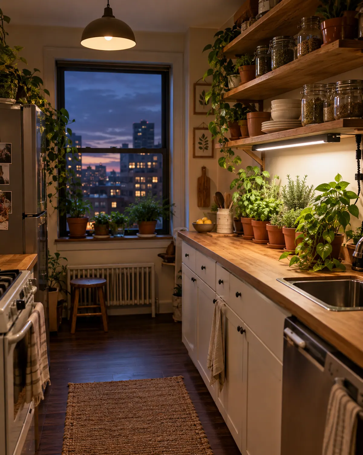 Slim LED grow light bar under a kitchen shelf lighting small herb pots on a winter evening, a tidy small-space grow light setup