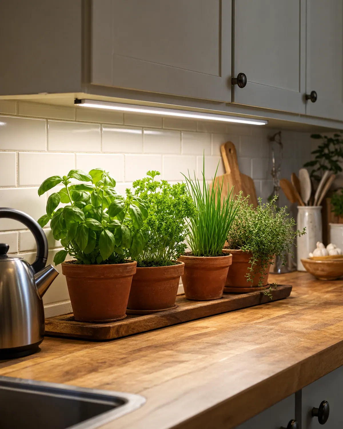 LED grow light bar under a kitchen cabinet lighting small pots of basil, parsley and chives on a butcher block counter in the evening