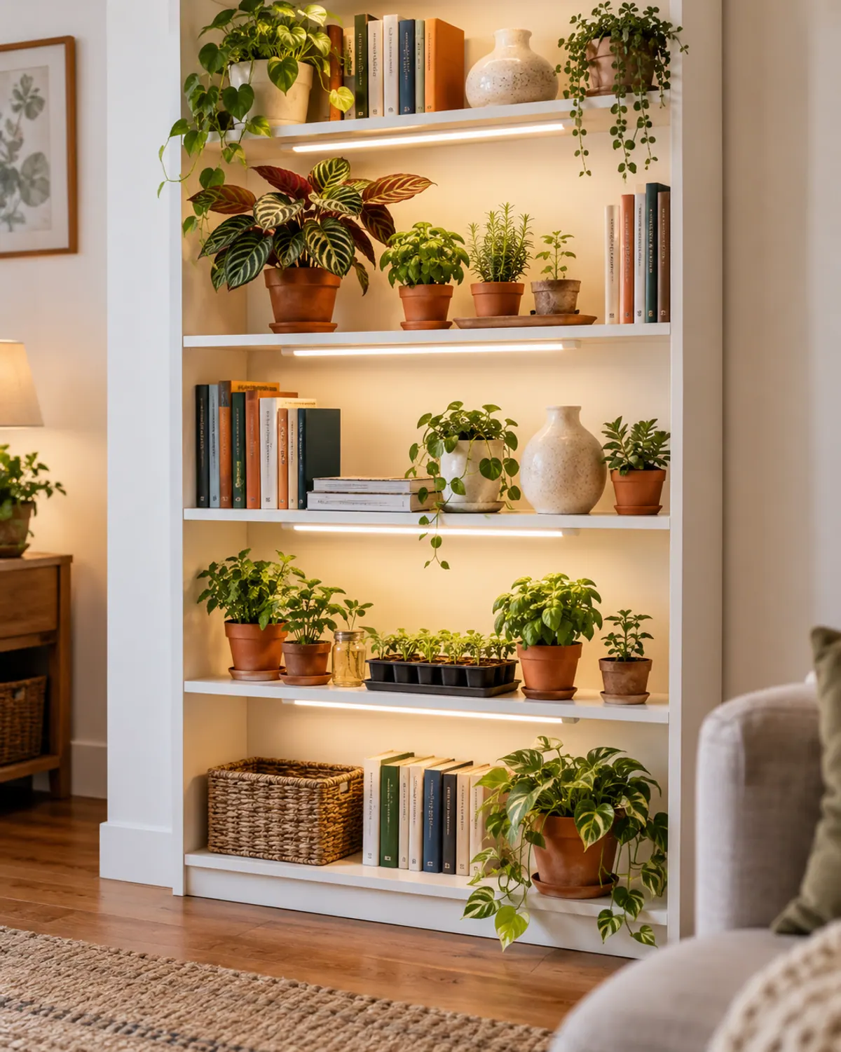 White bookshelf with slim LED grow light bars under each shelf glowing over a calathea, herb pots and seedlings beside books in a small living room