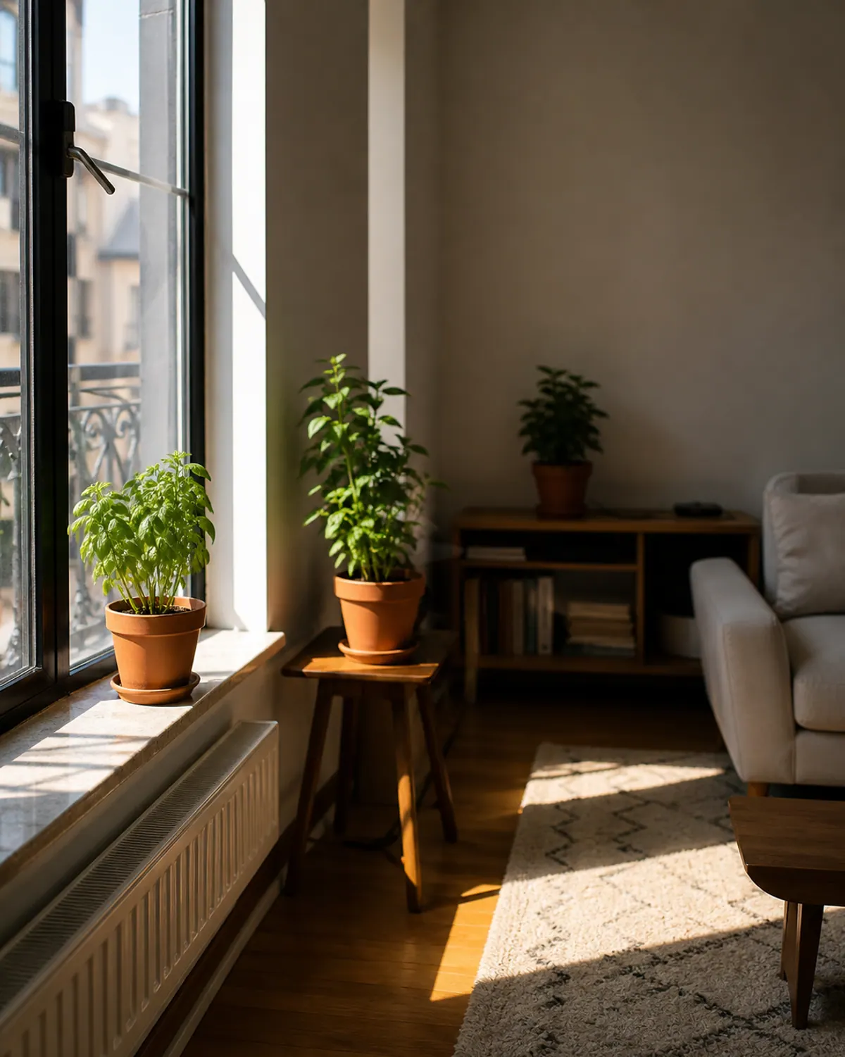 Small apartment living room with three potted plants placed at different distances from a sunny window, showing how light fades across the room