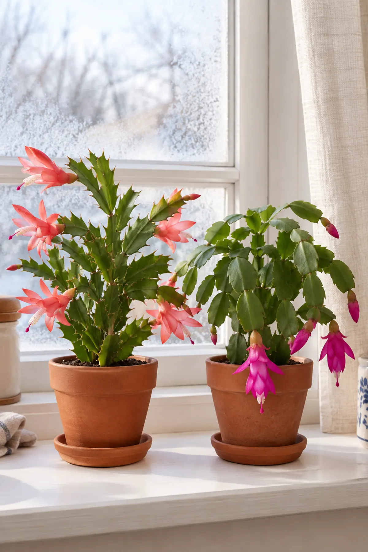 Christmas cactus vs Thanksgiving cactus side by side on a kitchen windowsill: pointed, toothed segments with sideways flowers on the left and rounded segments with hanging flowers on the right