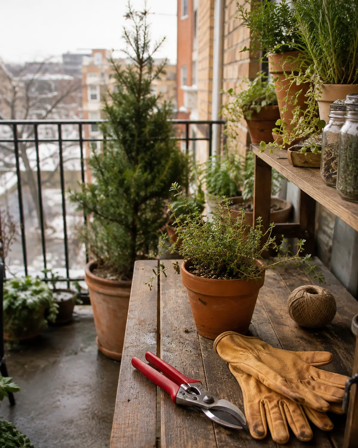 Red-handled bypass pruners and tan leather garden gloves on a wooden potting bench on a small balcony, with a pot of thyme beside them