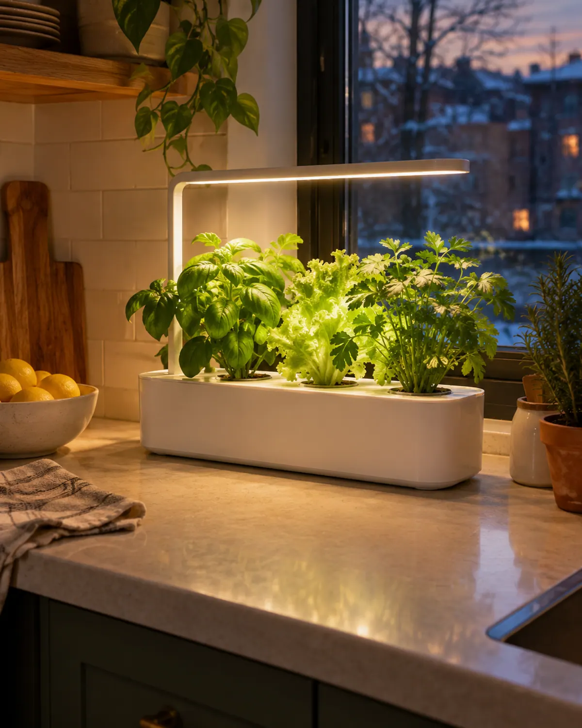Countertop indoor hydroponic grow kit with a light arm over leafy basil and lettuce on a small apartment kitchen counter in winter