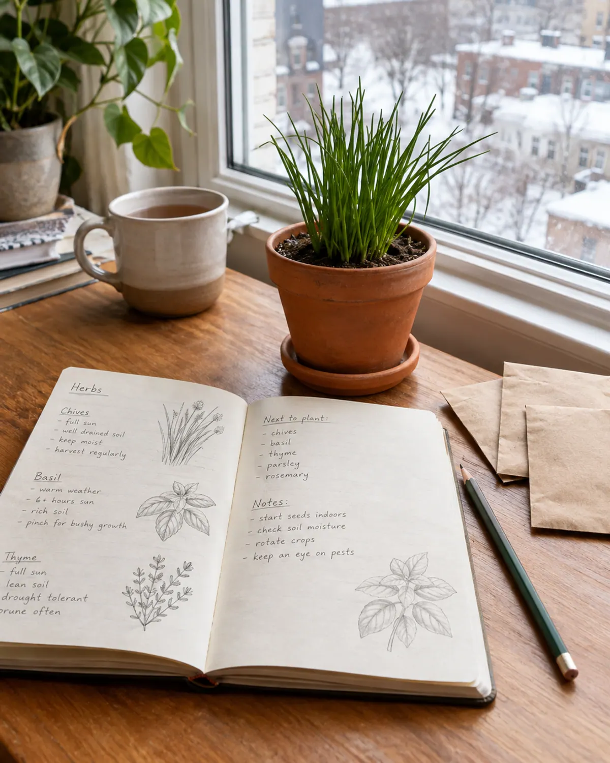Open garden journal with handwritten notes beside plain seed packets, a pencil and a small pot of chives on a wooden table