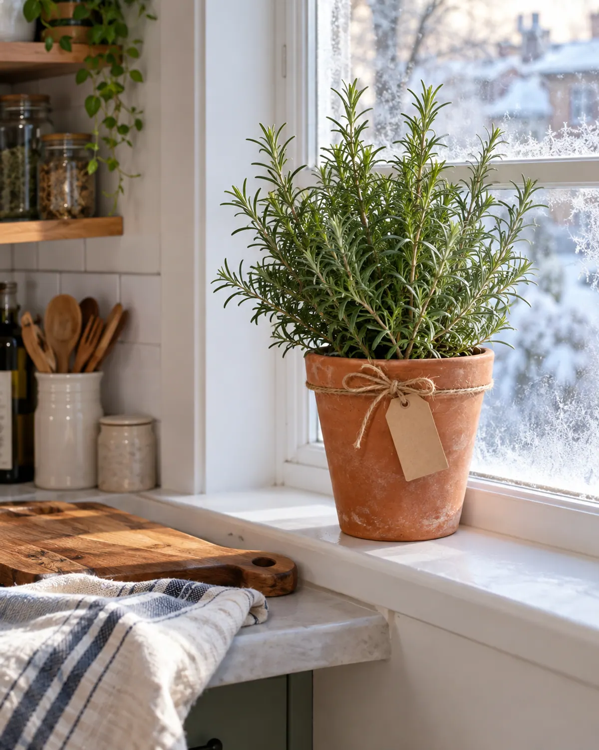 Potted rosemary plant in a terracotta pot with a kraft gift tag and twine bow on a sunny kitchen windowsill in winter