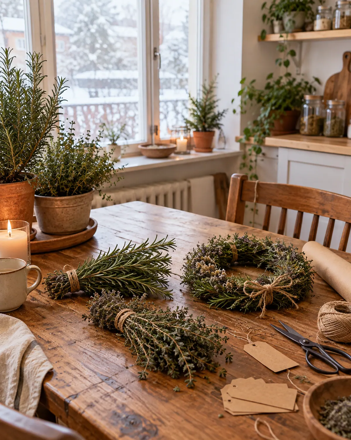 Homemade gardener gifts on a kitchen table: dried rosemary and thyme bundles tied with twine, a small herb wreath and kraft paper