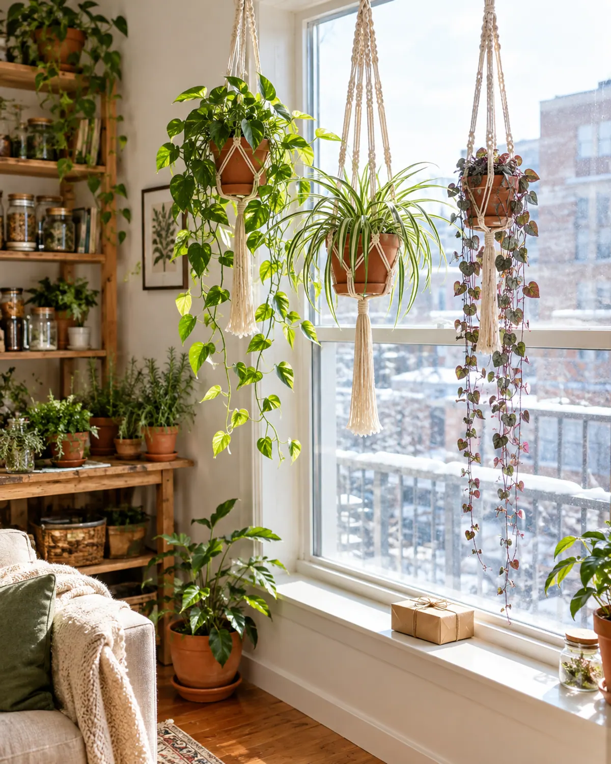 Three macrame plant hangers holding trailing plants in front of a bright apartment window with a small gift box on the sill below