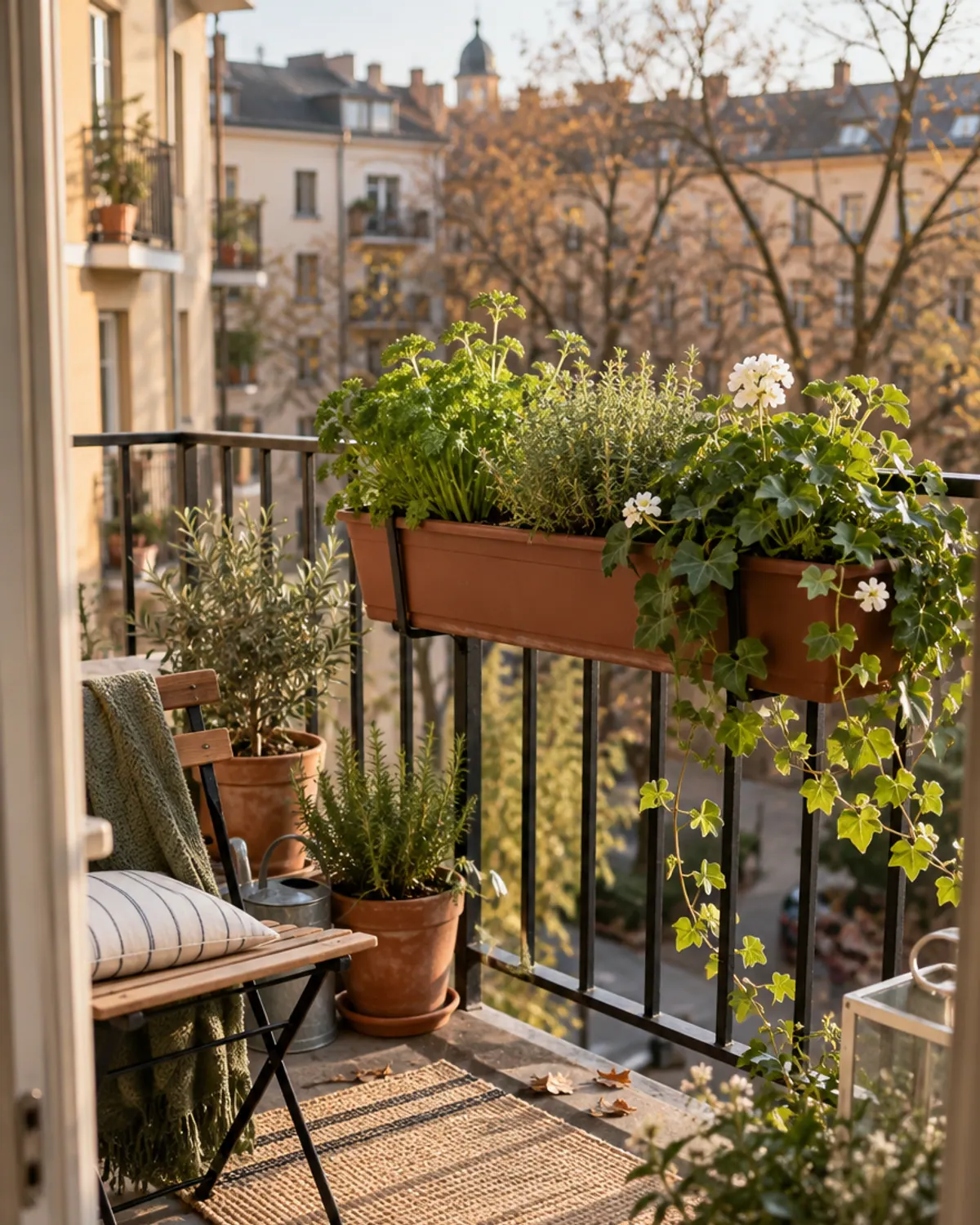 Long railing planter box filled with parsley, thyme and trailing ivy-leaf geraniums hooked over a small apartment balcony rail