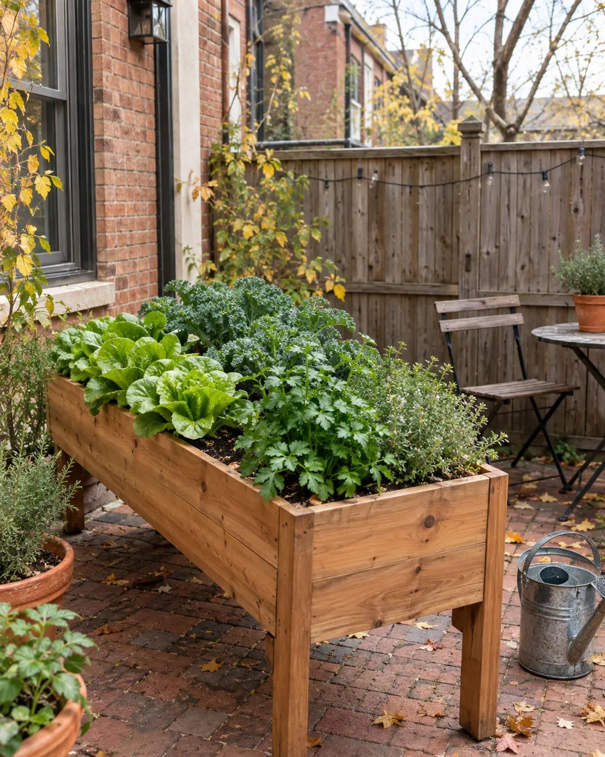 Raised cedar planter box on legs filled with lettuce and herbs on a small brick patio beside a fence