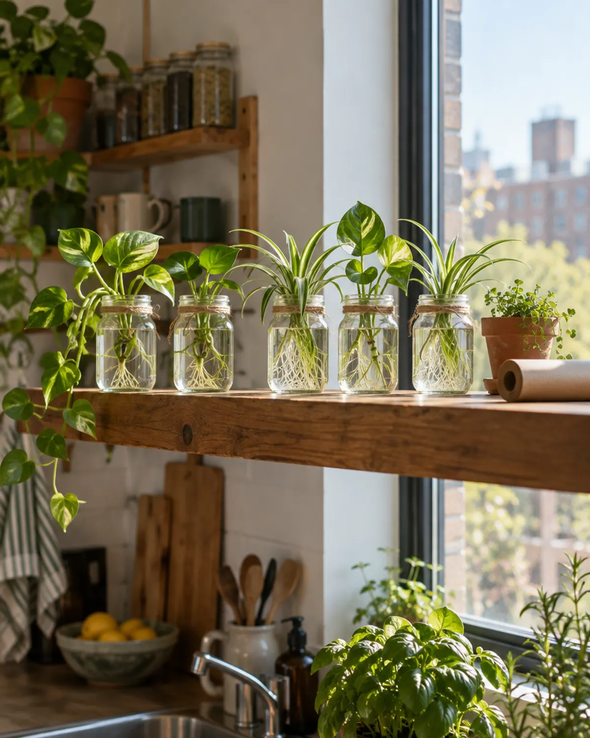 Rooted spider plant and pothos cuttings in small glass jars of water with white roots, tied with twine on a wooden shelf by a window