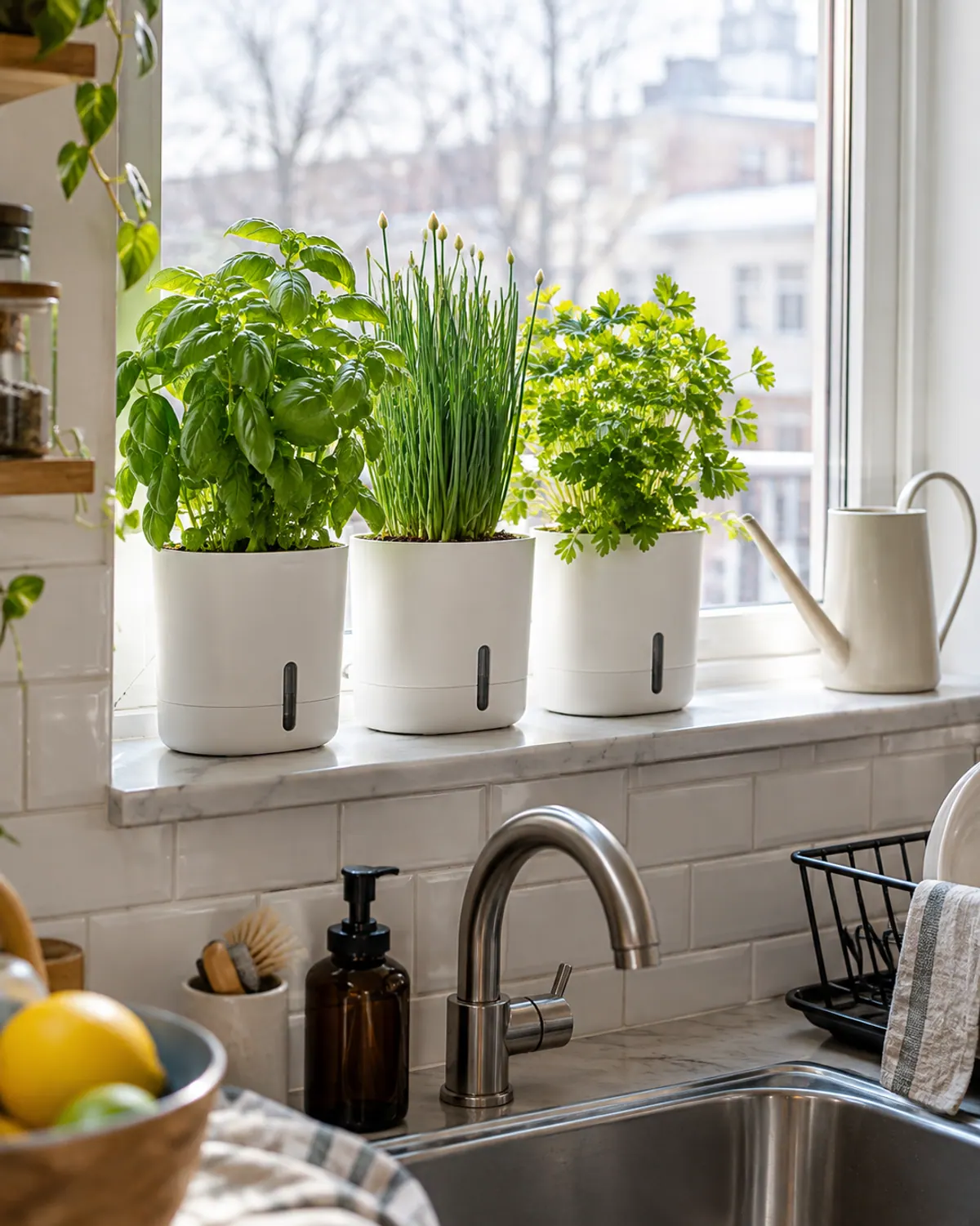 Three white self-watering planters with basil, chives and parsley on a kitchen windowsill, each with a small water level window