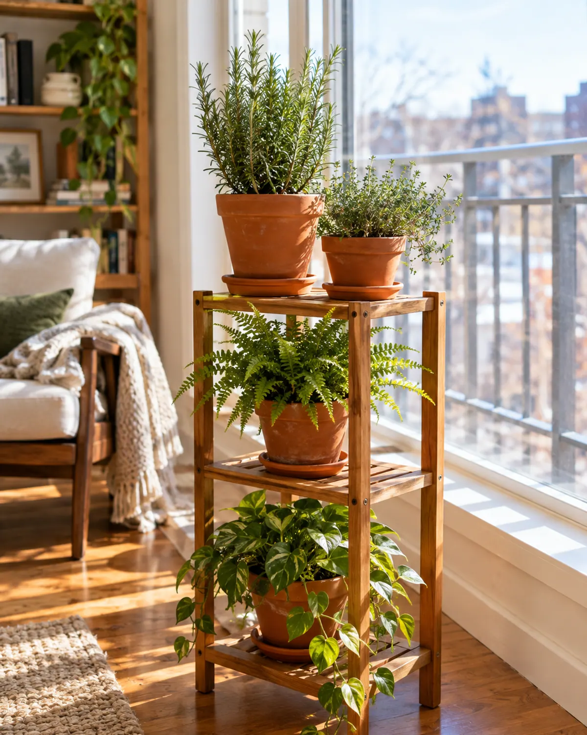 Wooden three-tier plant stand holding potted herbs and small houseplants in front of a sunny window in a small apartment living room